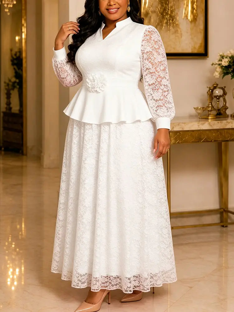 AOMEIDRESS Plus Size Church Two Piece Set Peplum Top with Lace Skirt - White / L