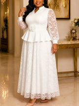 AOMEIDRESS Plus Size Church Two Piece Set Peplum Top with Lace Skirt - White / L