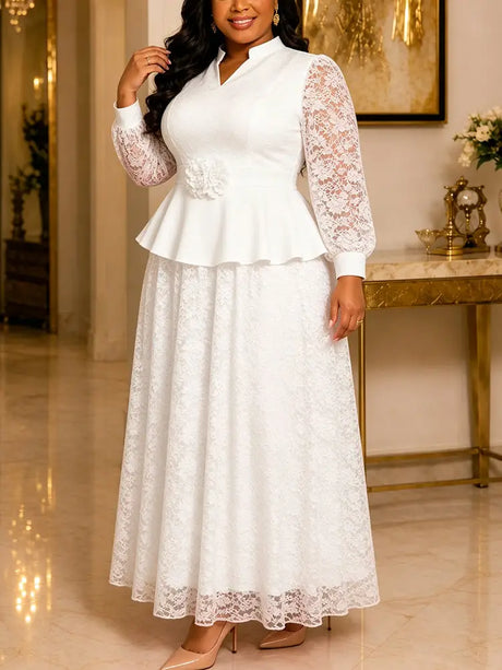 AOMEIDRESS Plus Size Church Two Piece Set Peplum Top with Lace Skirt - White / L