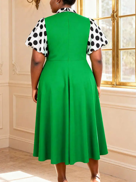 AOMEIDRESS Polka Dot A Line Dress Colorblock Turn Down Collar Button
