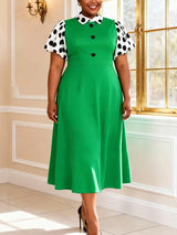 AOMEIDRESS Polka Dot A Line Dress Colorblock Turn Down Collar Button