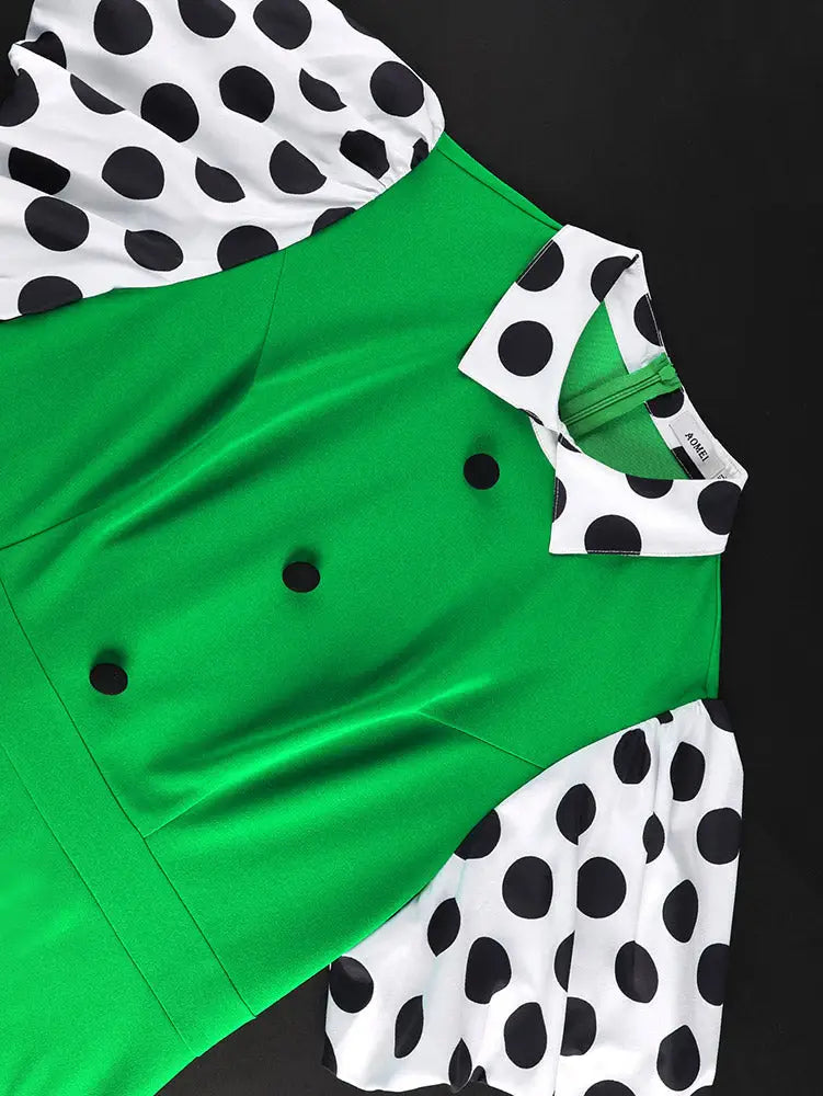 AOMEIDRESS Polka Dot A Line Dress Colorblock Turn Down Collar Button
