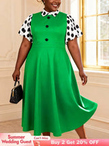 AOMEIDRESS Polka Dot A Line Dress Colorblock Turn Down Collar Button - Green / L