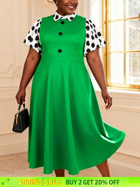 AOMEIDRESS Polka Dot A Line Dress Colorblock Turn Down Collar Button - Green / L