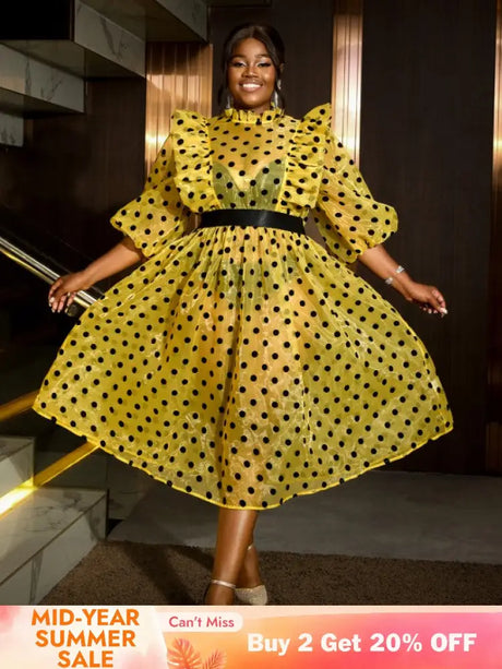 AOMEIDRESS Polka Dot Mesh See Through Dresses Ruffles Puff Sleeves Yellow / 0XL