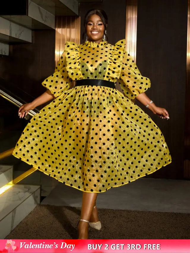 AOMEIDRESS Polka Dot Mesh See Through Dresses Ruffles Puff Sleeves Yellow / 0XL