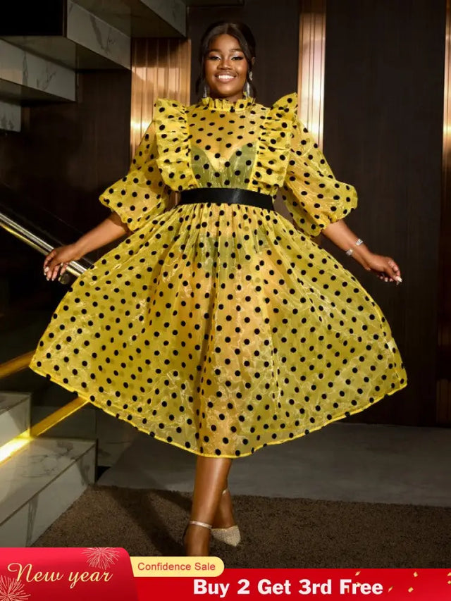 AOMEIDRESS Polka Dot Mesh See Through Dresses Ruffles Puff Sleeves Yellow / 0XL