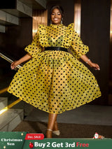 AOMEIDRESS Polka Dot Mesh See Through Dresses Ruffles Puff Sleeves Yellow / 0XL