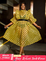 AOMEIDRESS Polka Dot Mesh See Through Dresses Ruffles Puff Sleeves Yellow / 0XL