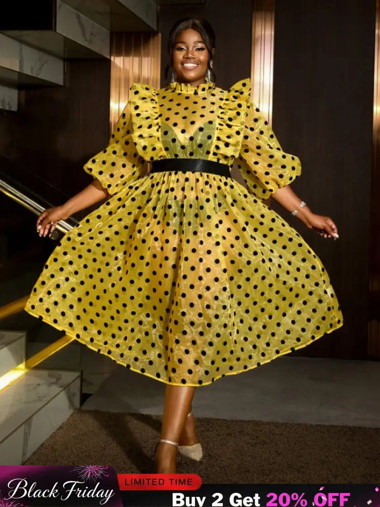 AOMEIDRESS Polka Dot Mesh See Through Dresses Ruffles Puff Sleeves Yellow / 0XL
