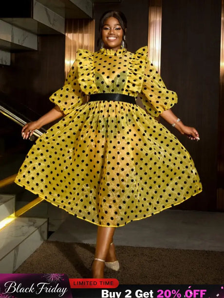 AOMEIDRESS Polka Dot Mesh See Through Dresses Ruffles Puff Sleeves Yellow / 0XL
