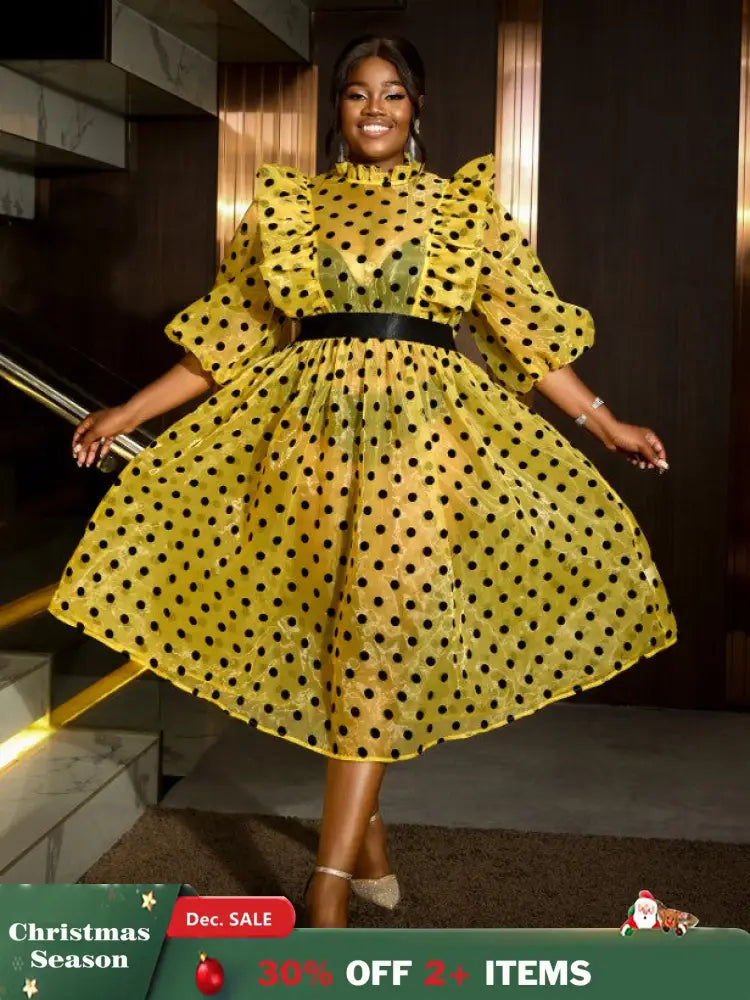 AOMEIDRESS Polka Dot Mesh See Through Dresses Ruffles Puff Sleeves Yellow / 0XL