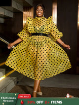 AOMEIDRESS Polka Dot Mesh See Through Dresses Ruffles Puff Sleeves Yellow / 0XL