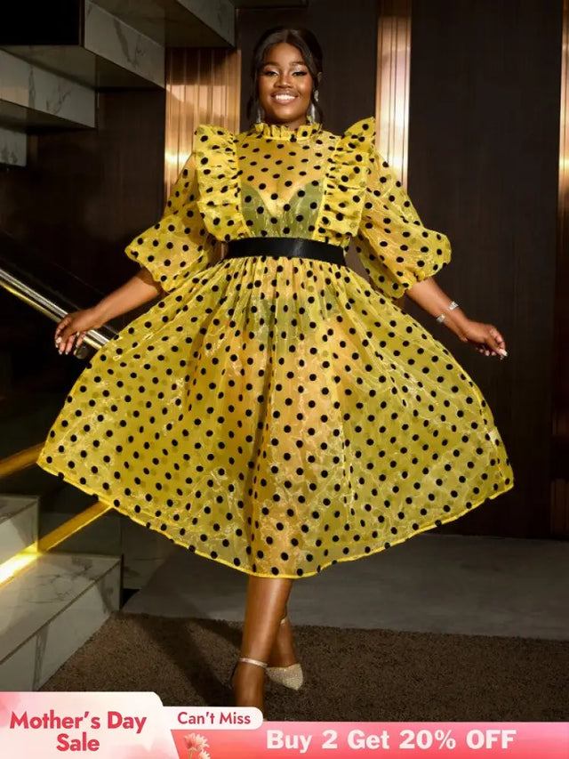 AOMEIDRESS Polka Dot Mesh See Through Dresses Ruffles Puff Sleeves Yellow / 0XL