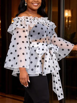 AOMEIDRESS Polka Dot Sheer Tops Off The Shoulder Ruffle Waist Lace Up
