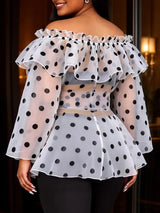 AOMEIDRESS Polka Dot Sheer Tops Off The Shoulder Ruffle Waist Lace Up