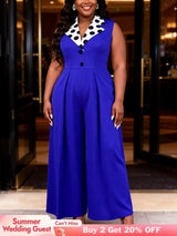AOMEIDRESS Polka Dot Splicing Jumpsuits Turn Down Collar Sleeveless - Blue / L
