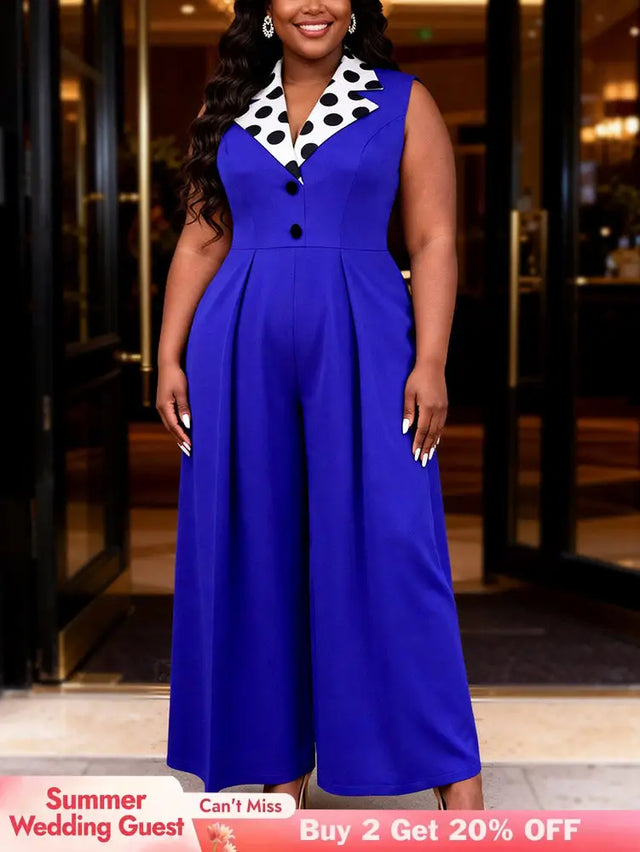 AOMEIDRESS Polka Dot Splicing Jumpsuits Turn Down Collar Sleeveless - Blue / L