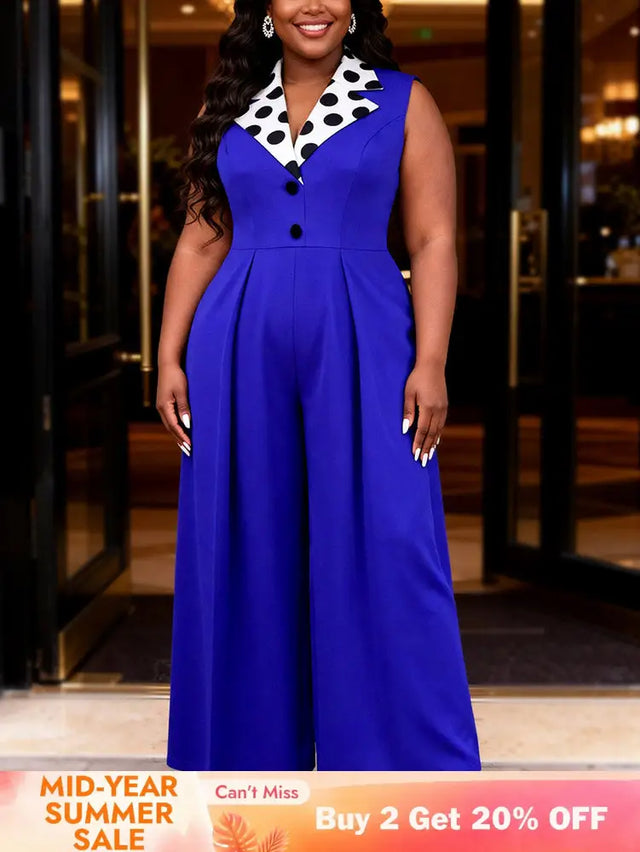 AOMEIDRESS Polka Dot Splicing Jumpsuits Turn Down Collar Sleeveless - Blue / L