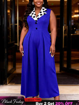 AOMEIDRESS Polka Dot Splicing Jumpsuits Turn Down Collar Sleeveless - Blue / L