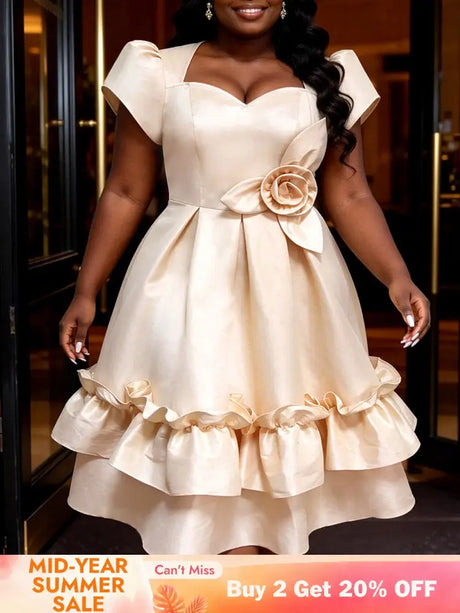 AOMEIDRESS Princess Dress Sweetheart Neck Short Sleeve Ruffle Layered - champagne / S