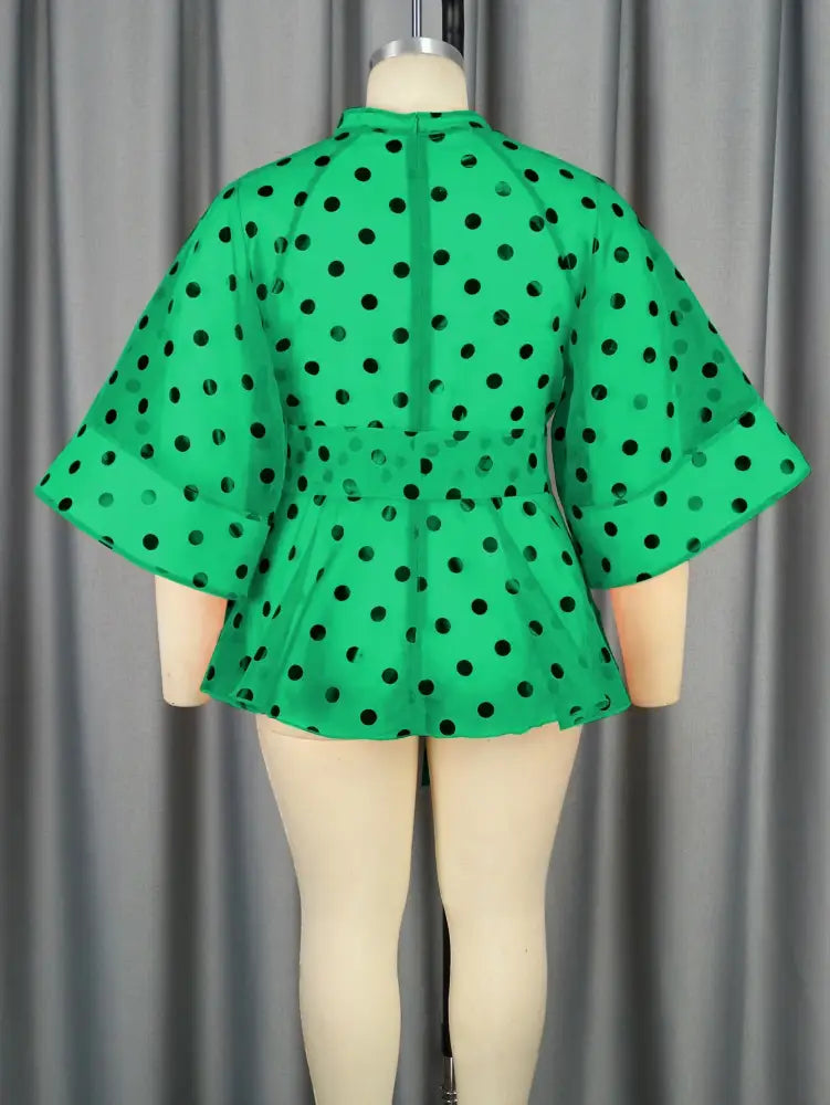 AOMEIDRESS Printed Polka Dot Sheer Blouses Half High Collar 3/4 Sleeves Peplum Waist Belt