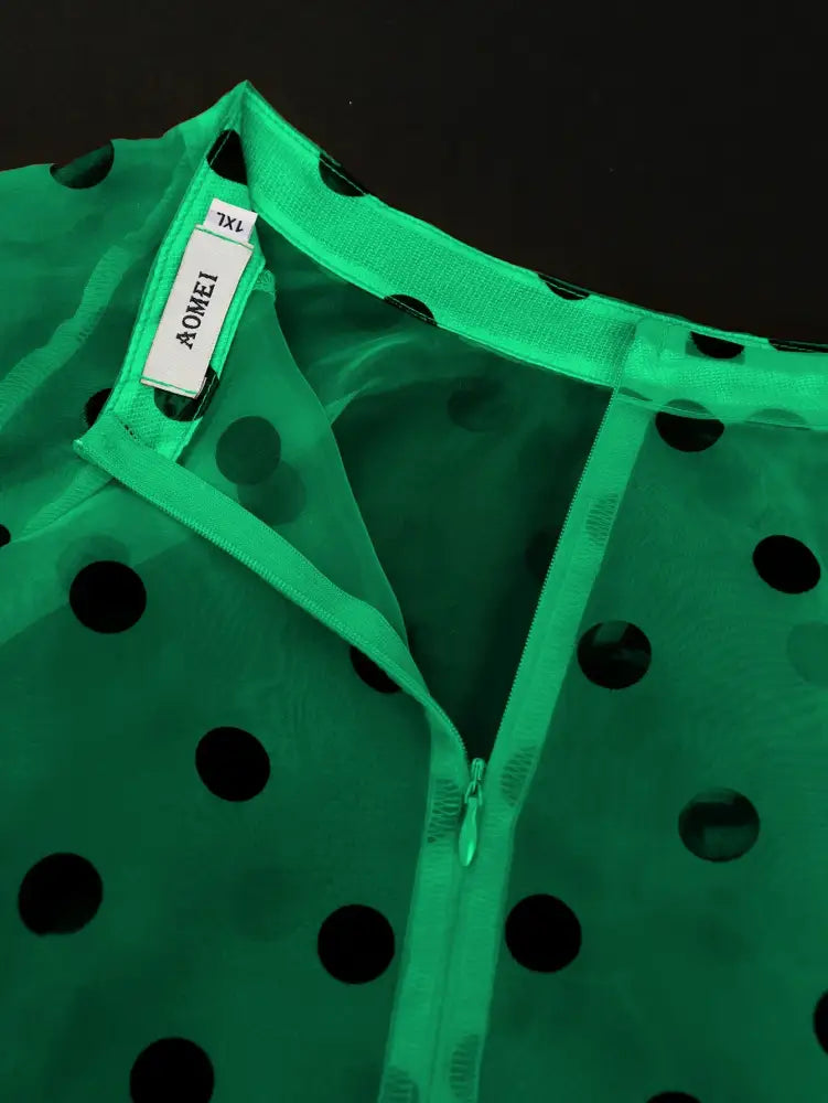 AOMEIDRESS Printed Polka Dot Sheer Blouses Half High Collar 3/4 Sleeves Peplum Waist Belt