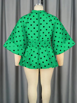 AOMEIDRESS Printed Polka Dot Sheer Blouses Half High Collar 3/4 Sleeves Peplum Waist Belt