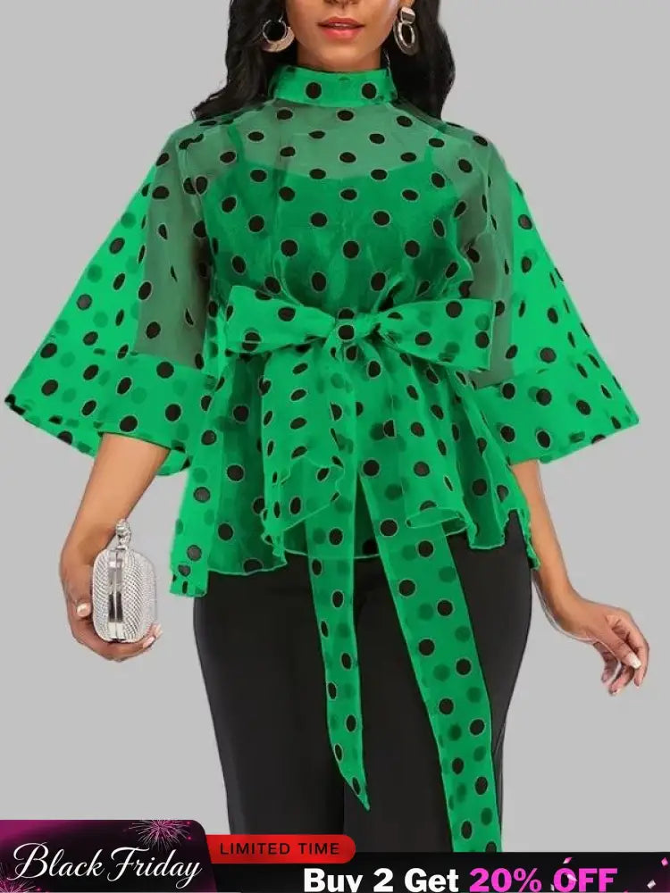 AOMEIDRESS Printed Polka Dot Sheer Blouses Half High Collar 3/4 Sleeves Peplum Waist Belt Green / S