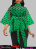 AOMEIDRESS Printed Polka Dot Sheer Blouses Half High Collar 3/4 Sleeves Peplum Waist Belt Green / S