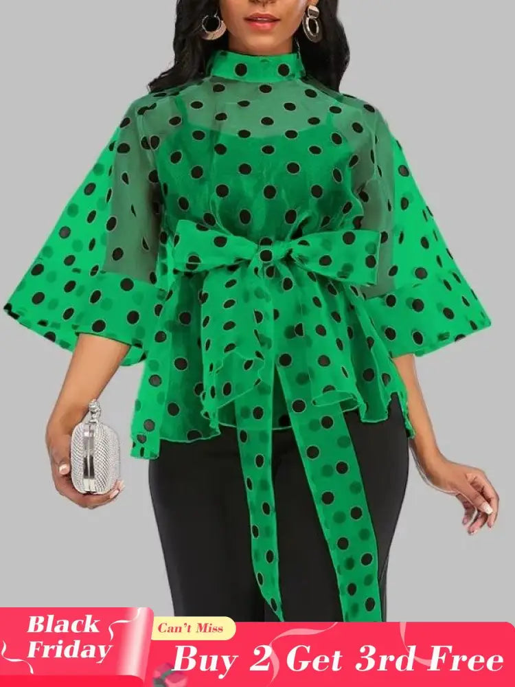 AOMEIDRESS Printed Polka Dot Sheer Blouses Half High Collar 3/4 Sleeves Peplum Waist Belt Green / S