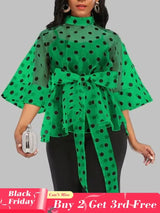 AOMEIDRESS Printed Polka Dot Sheer Blouses Half High Collar 3/4 Sleeves Peplum Waist Belt Green / S