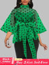 AOMEIDRESS Printed Polka Dot Sheer Blouses Half High Collar 3/4 Sleeves Peplum Waist Belt Green / S