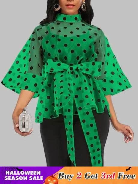 AOMEIDRESS Printed Polka Dot Sheer Blouses Half High Collar 3/4 Sleeves Peplum Waist Belt Green / S