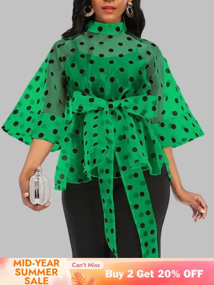 AOMEIDRESS Printed Polka Dot Sheer Blouses Half High Collar 3/4 Sleeves Peplum Waist Belt Green / S
