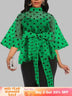 AOMEIDRESS Printed Polka Dot Sheer Blouses Half High Collar 3/4 Sleeves Peplum Waist Belt Green / S