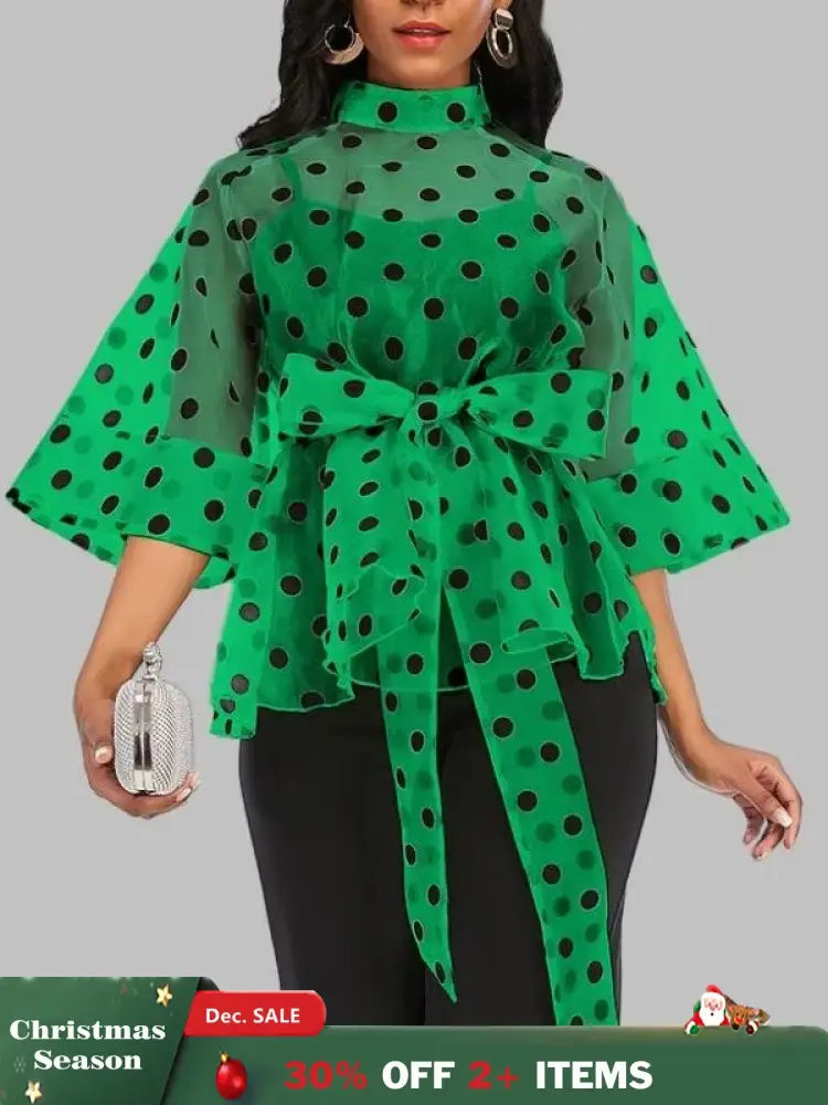 AOMEIDRESS Printed Polka Dot Sheer Blouses Half High Collar 3/4 Sleeves Peplum Waist Belt Green / S