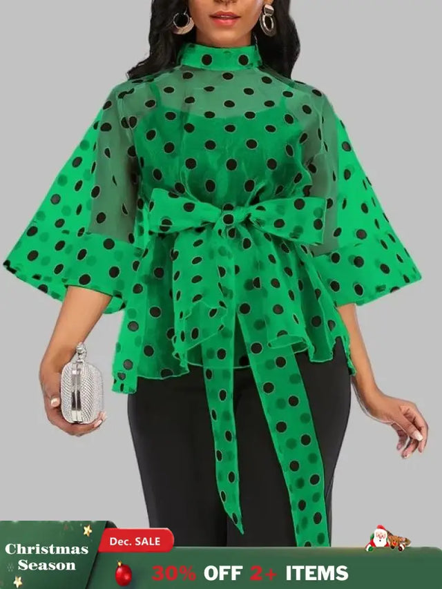 AOMEIDRESS Printed Polka Dot Sheer Blouses Half High Collar 3/4 Sleeves Peplum Waist Belt Green / S