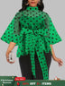 AOMEIDRESS Printed Polka Dot Sheer Blouses Half High Collar 3/4 Sleeves Peplum Waist Belt Green / S