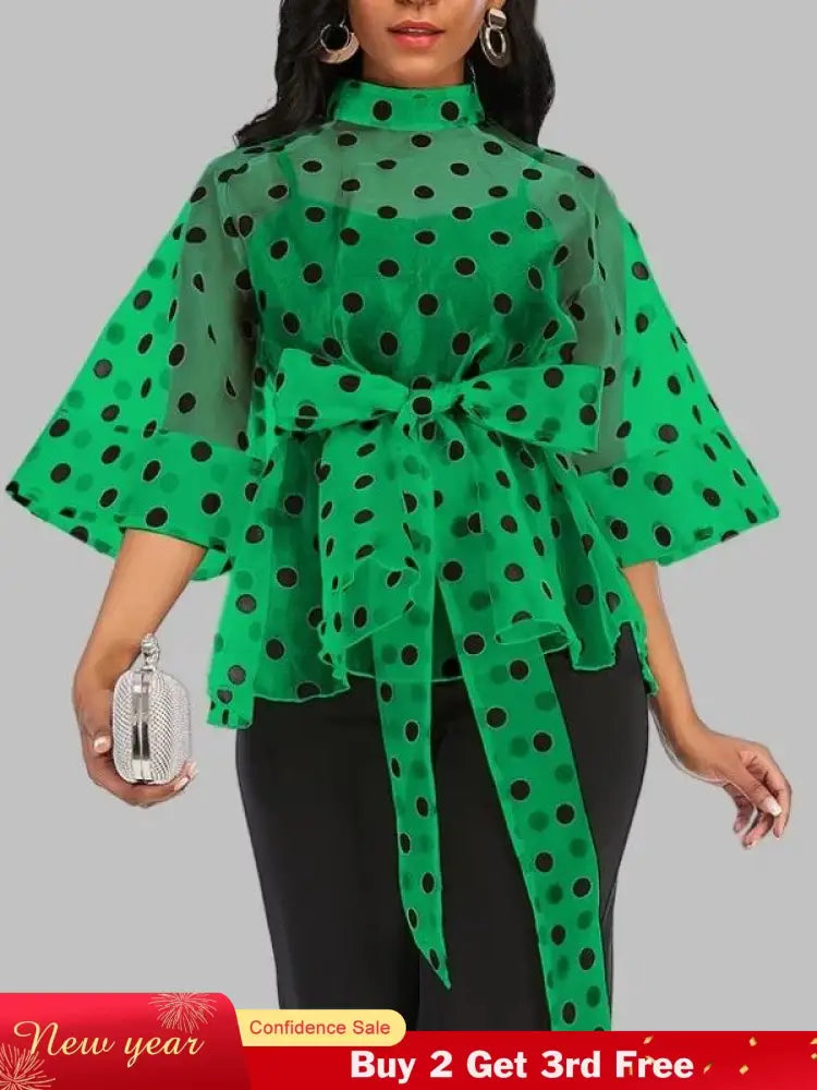 AOMEIDRESS Printed Polka Dot Sheer Blouses Half High Collar 3/4 Sleeves Peplum Waist Belt Green / S
