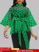 AOMEIDRESS Printed Polka Dot Sheer Blouses Half High Collar 3/4 Sleeves Peplum Waist Belt Green / S