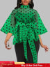 AOMEIDRESS Printed Polka Dot Sheer Blouses Half High Collar 3/4 Sleeves Peplum Waist Belt Green / S