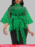 AOMEIDRESS Printed Polka Dot Sheer Blouses Half High Collar 3/4 Sleeves Peplum Waist Belt Green / S