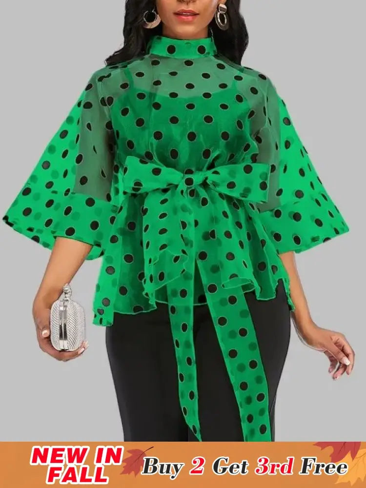 AOMEIDRESS Printed Polka Dot Sheer Blouses Half High Collar 3/4 Sleeves Peplum Waist Belt Green / S