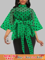 AOMEIDRESS Printed Polka Dot Sheer Blouses Half High Collar 3/4 Sleeves Peplum Waist Belt Green / S