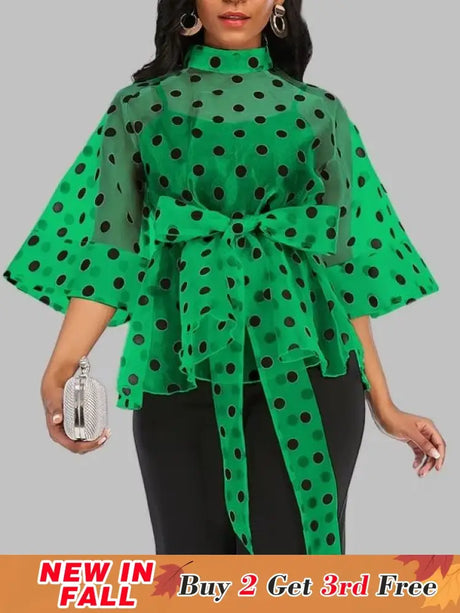 AOMEIDRESS Printed Polka Dot Sheer Blouses Half High Collar 3/4 Sleeves Peplum Waist Belt Green / S