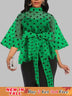 AOMEIDRESS Printed Polka Dot Sheer Blouses Half High Collar 3/4 Sleeves Peplum Waist Belt Green / S