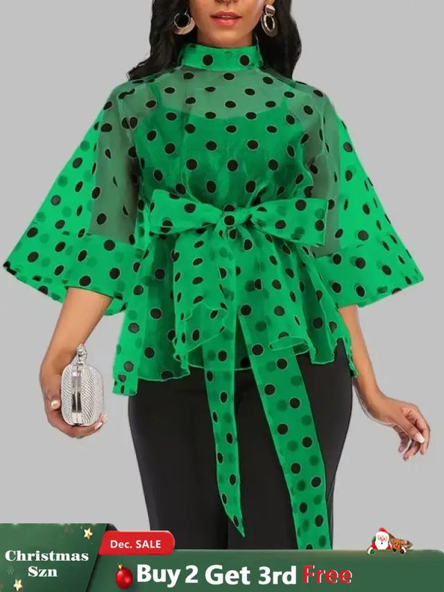 AOMEIDRESS Printed Polka Dot Sheer Blouses Half High Collar 3/4 Sleeves Peplum Waist Belt Green / S