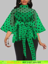 AOMEIDRESS Printed Polka Dot Sheer Blouses Half High Collar 3/4 Sleeves Peplum Waist Belt Green / S