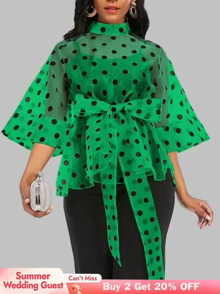 AOMEIDRESS Printed Polka Dot Sheer Blouses Half High Collar 3/4 Sleeves Peplum Waist Belt Green / S